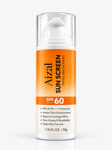 Aizal Tinted Brightening Sun Screen SPF 60 PA+++ in a 50g orange and white pump bottle.