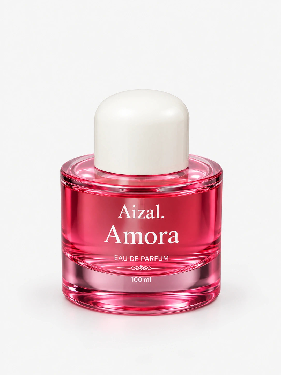 Aizal Amora Eau de Parfum 100ml pink perfume bottle with a white rounded cap on a light grey background.
