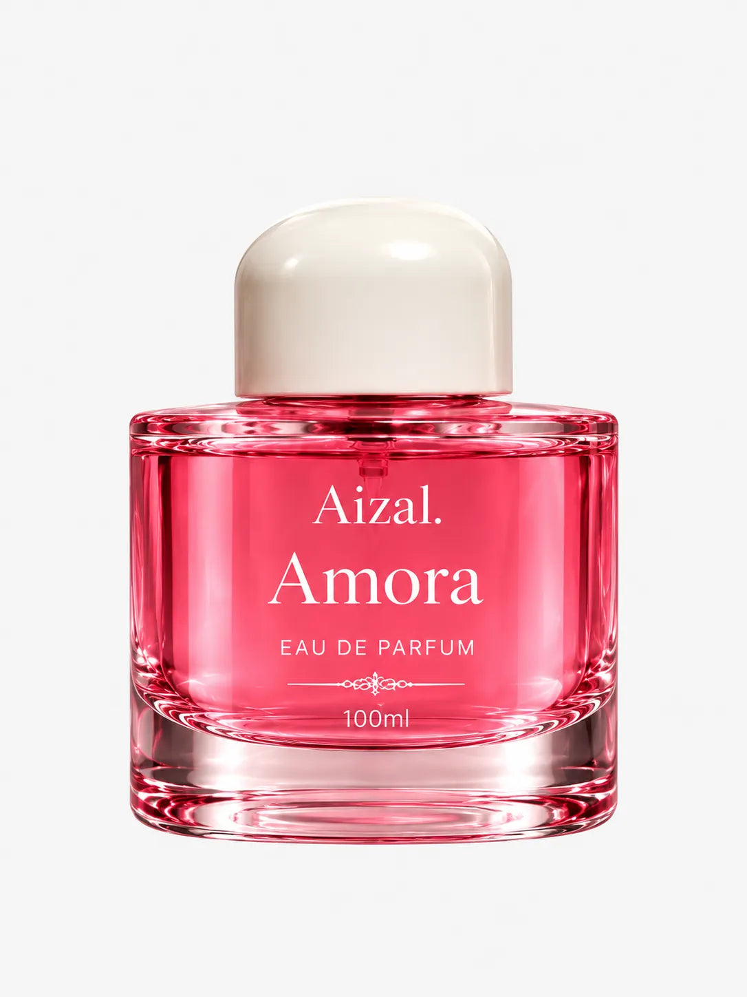 Aizal Amora luxury fragrance featuring a pink perfume bottle