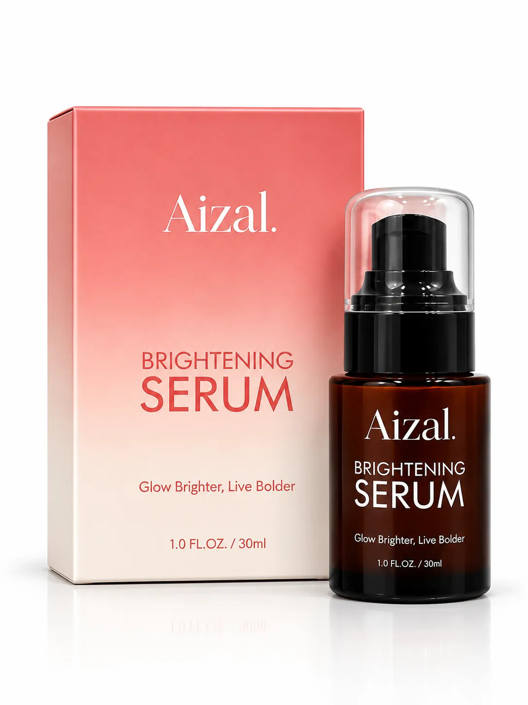 Aizal Brightening Serum 30 ml in an amber glass bottle with a black pump.