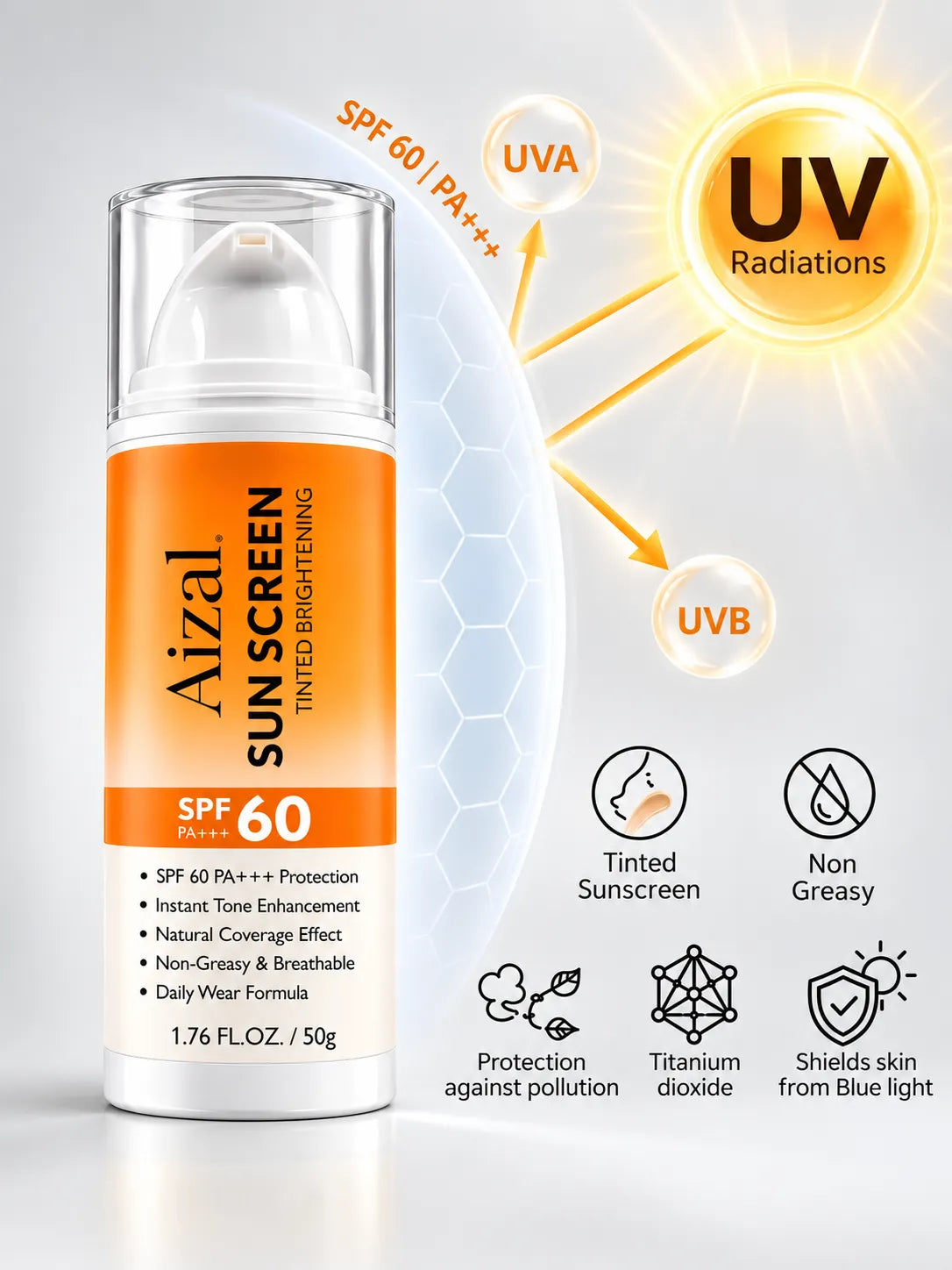 Orange and white Aizal Tinted Brightening Sunscreen bottle displayed on a light background.