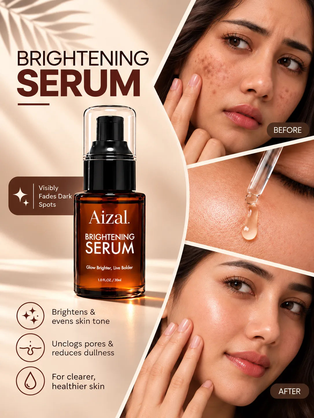 Aizal skincare brightening serum featuring Alpha Arbutin, Niacinamide, and Glycolic Acid.