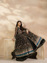 Black embroidered bridal lehenga with gold detailing and multicolor dupatta
