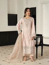 Blush pink embroidered Pakistani formal suit with a matching net dupatta.