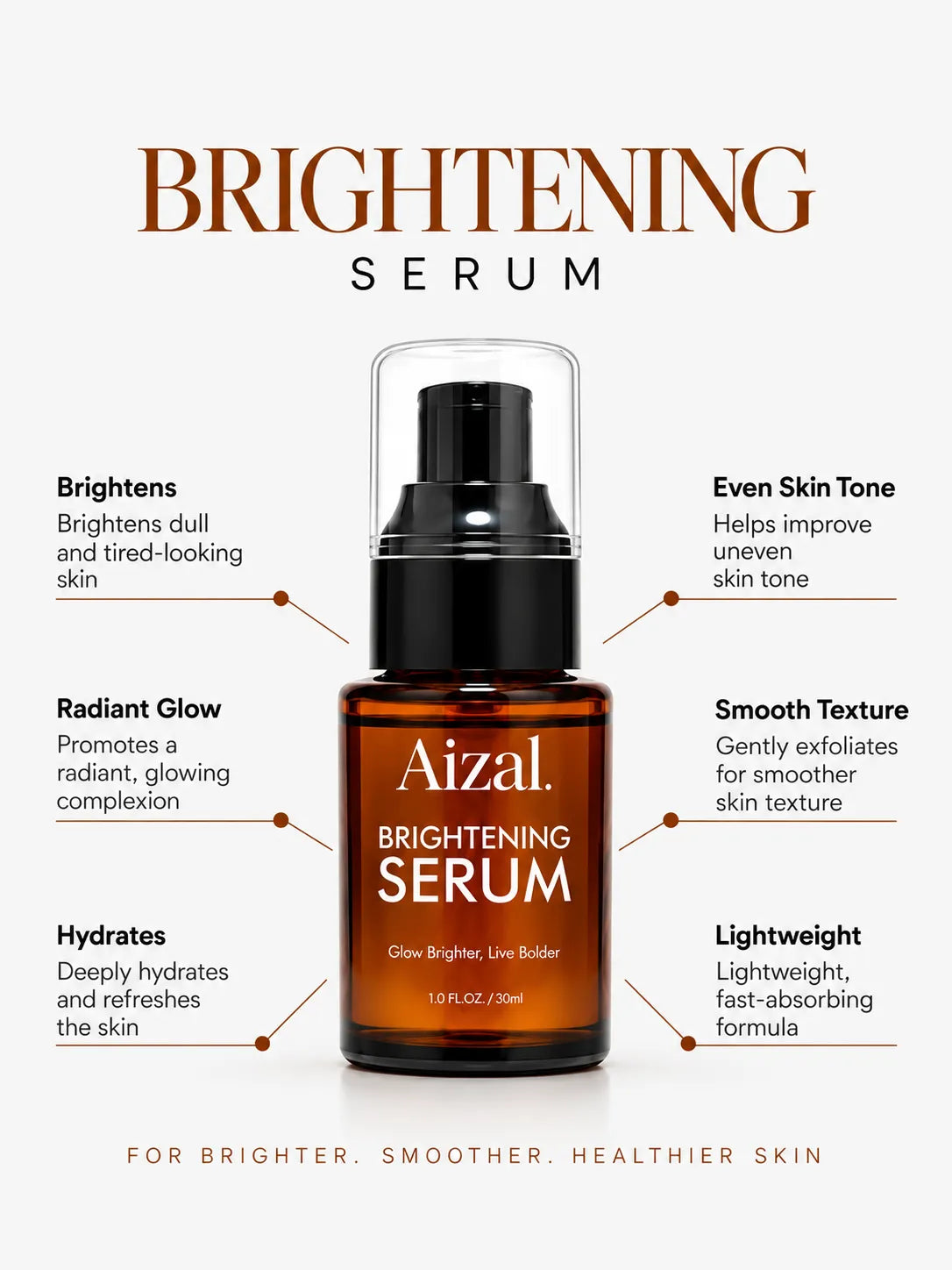 Aizal Brightening Serum bottle displayed against a clean white studio background.