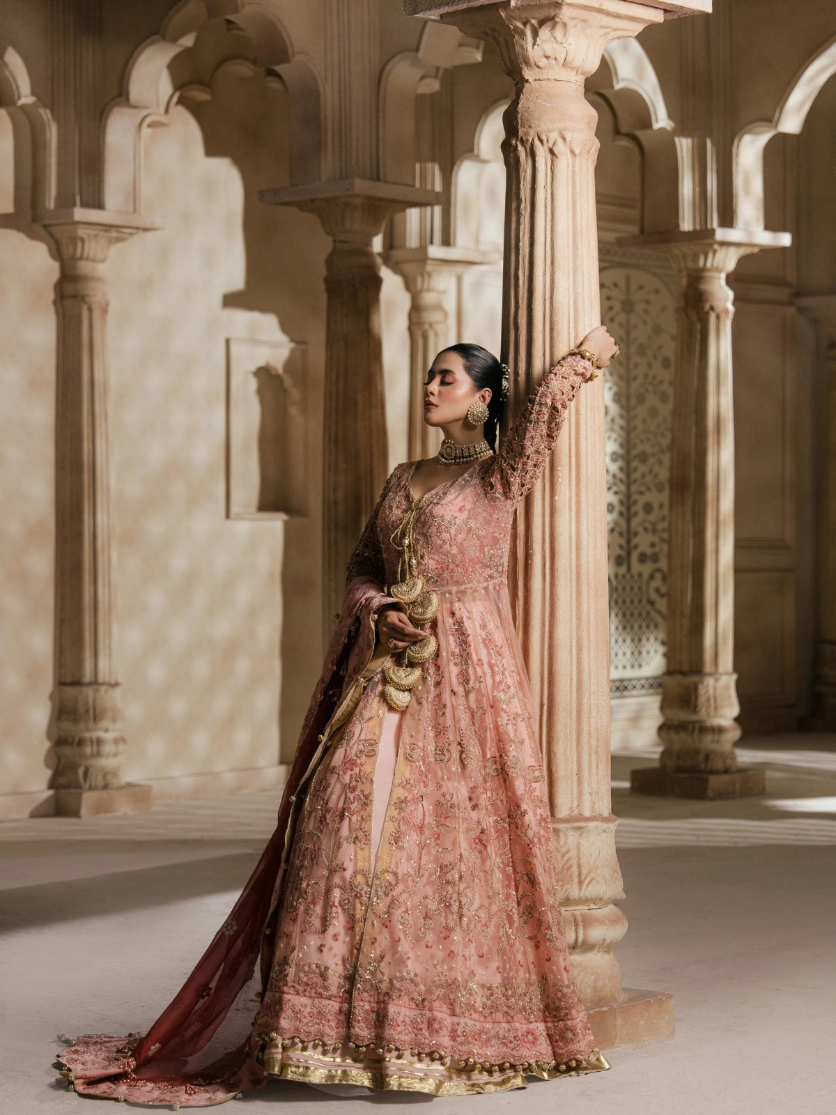 Designer dusty pink Peshwas with a flowing embroidered silhouette
