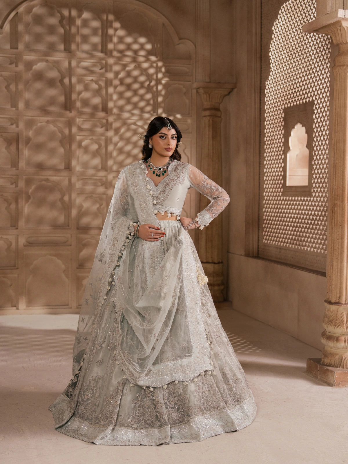 Designer grey lehenga with delicate floral embellishments