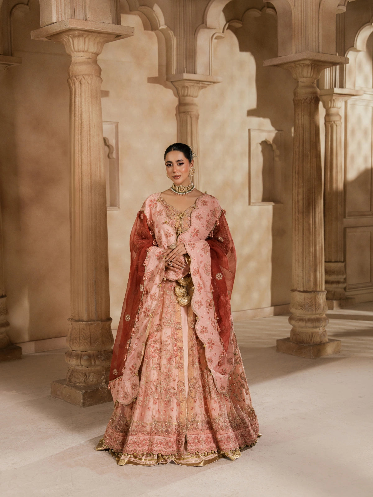 Dusty rose pink embroidered Peshwas with matching dupatta