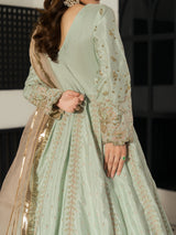 Full-length mint green embroidered dress with a champagne gold border.