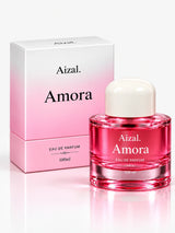 Luxury Aizal Amora Eau de Parfum in a glossy pink glass bottle with an elegant white cap.
