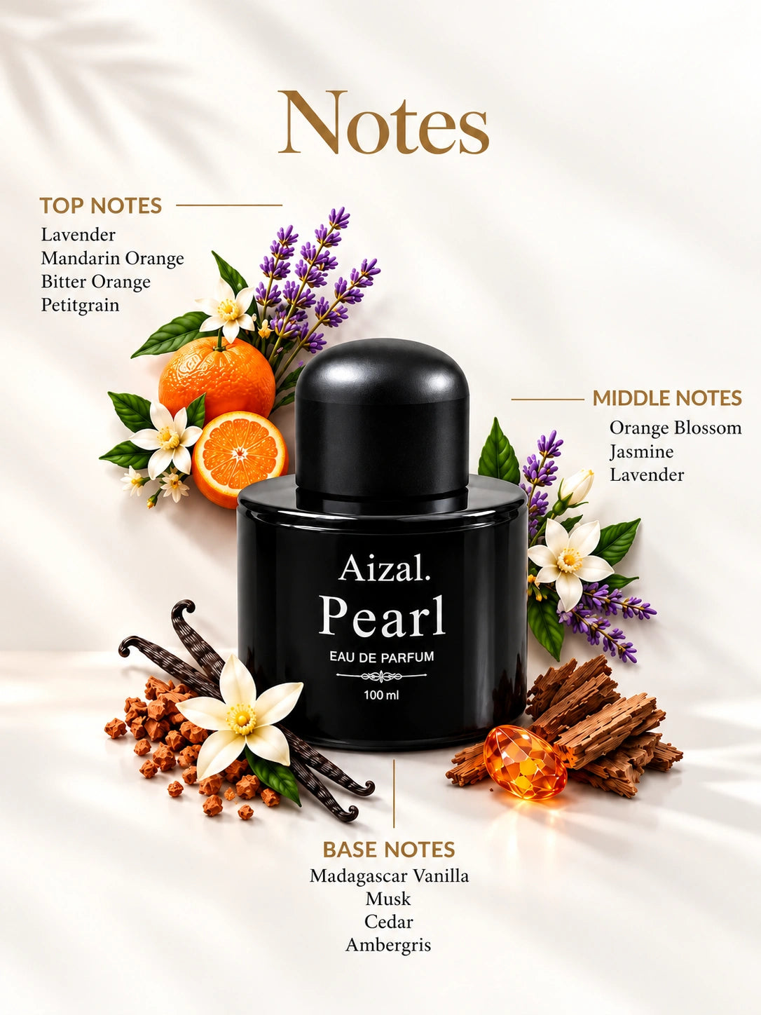 Luxury Aizal Pearl fragrance bottle with a black finish, rounded cap, and sophisticated product design.