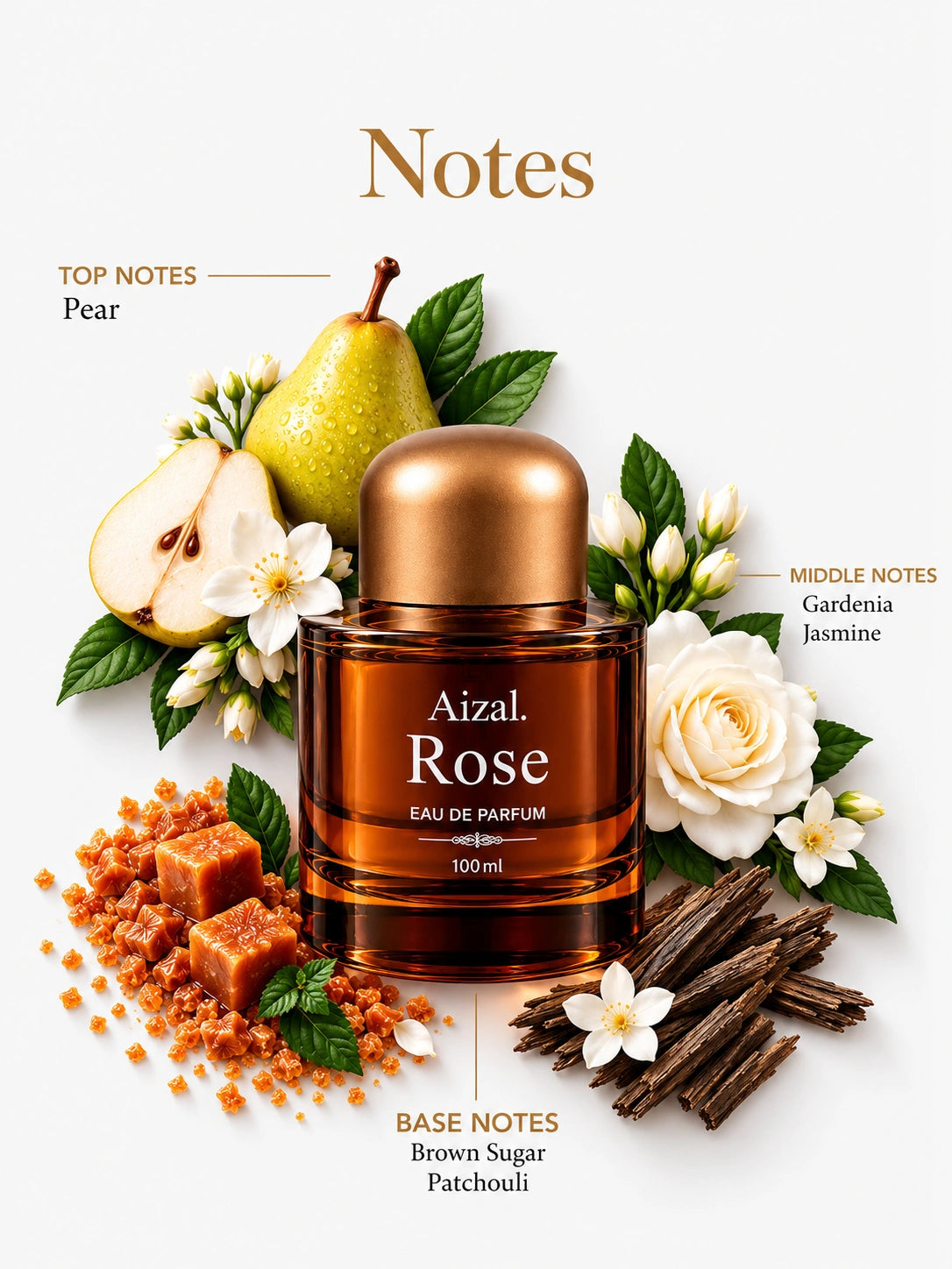 Luxury Aizal Rose Eau de Parfum bottle photographed against a clean light grey background with soft shadows.