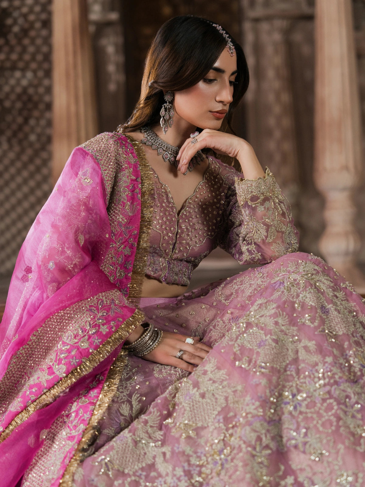 Magenta dupatta with gold embroidered border and embellishments