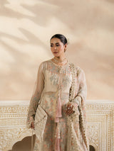 Elegant Pakistani formal wear with pastel floral embroidery