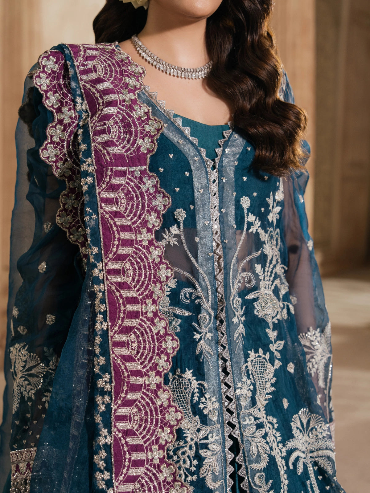 Plum embroidered dupatta with teal blue bridal outfit