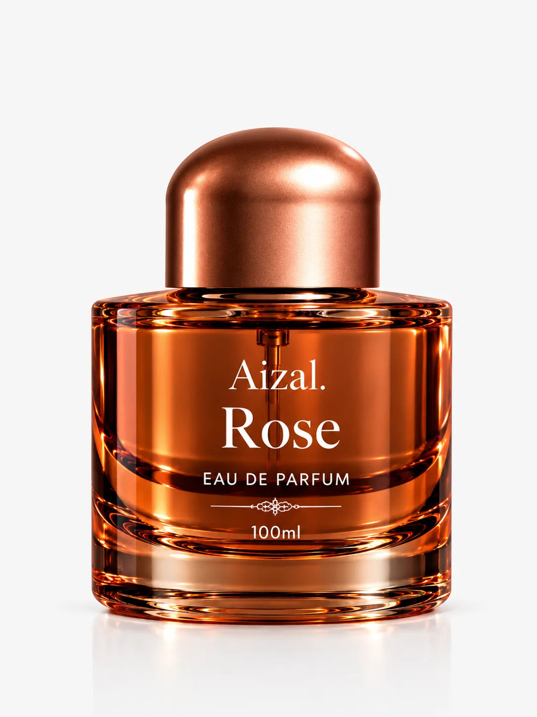 Premium Aizal Rose Eau de Parfum bottle displayed on a clean white studio background with reflective lighting.