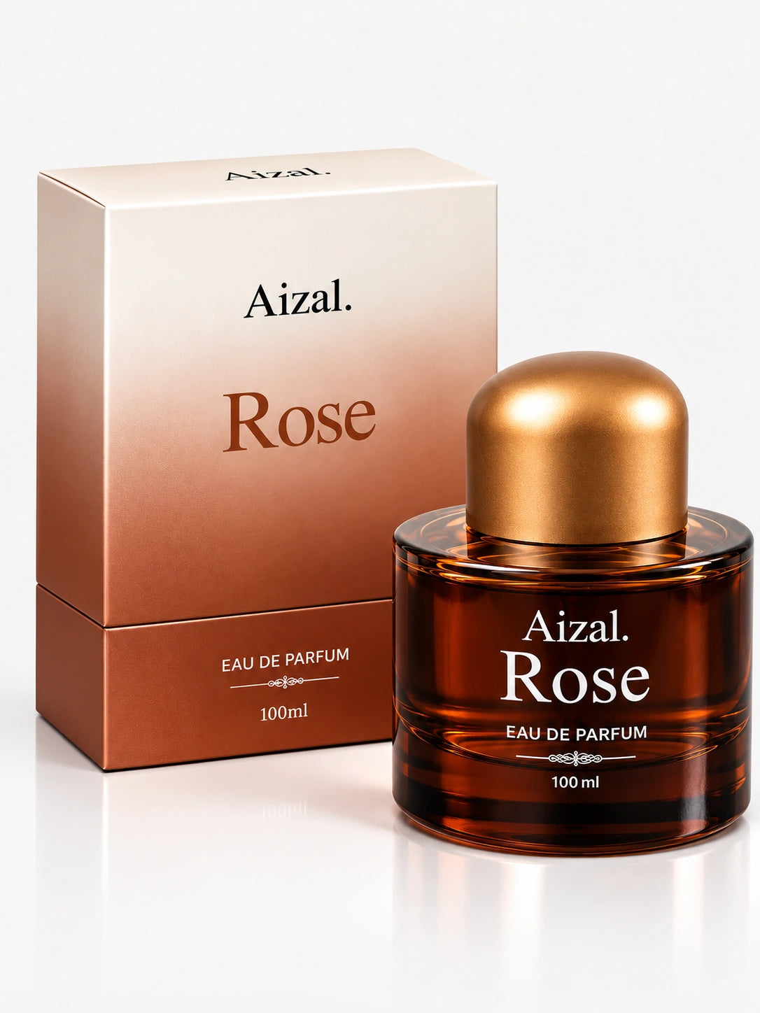 Aizal Rose perfume featuring a glossy dark amber glass bottle and an elegant metallic gold cap.