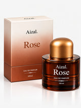 Aizal Rose perfume featuring a glossy dark amber glass bottle and an elegant metallic gold cap.