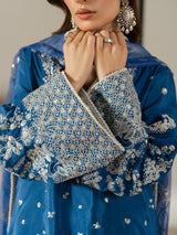 Royal blue Pakistani dress with embellished neckline and embroidered sleeves.