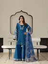 Royal blue embroidered three-piece Pakistani suit with matching dupatta.