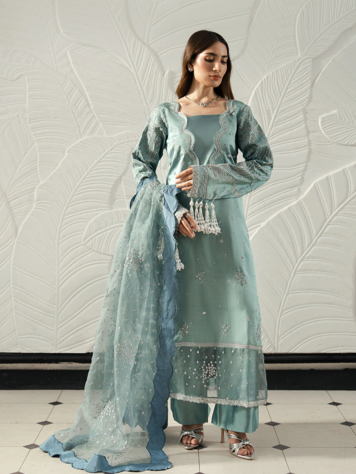 Sage green embroidered women's 3-piece suit with a sheer dupatta featuring blue scalloped edging.