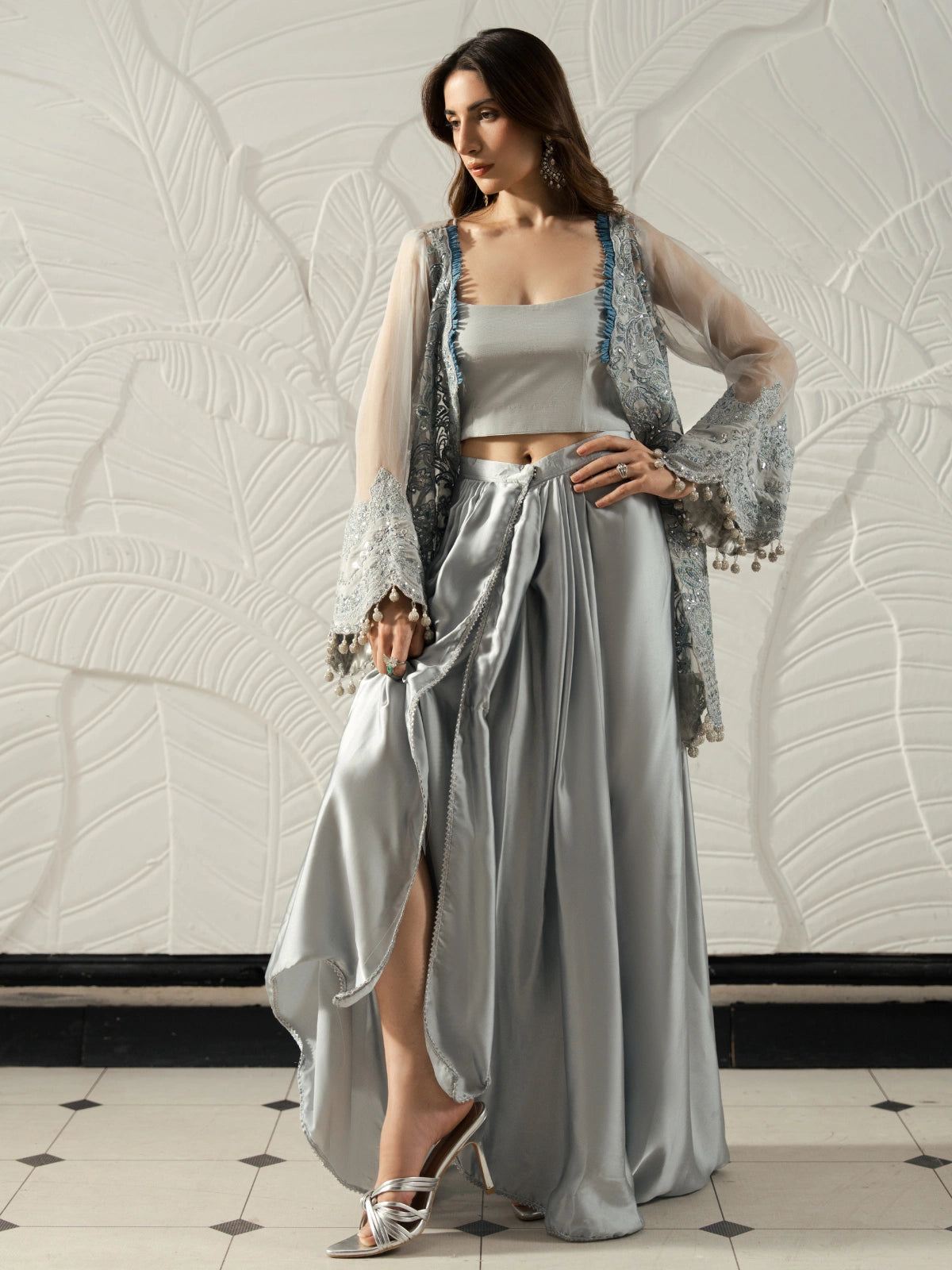 Silver grey embroidered cape co-ord set with wide-leg pants for women.