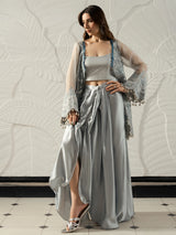Silver grey embroidered cape co-ord set with wide-leg pants for women.