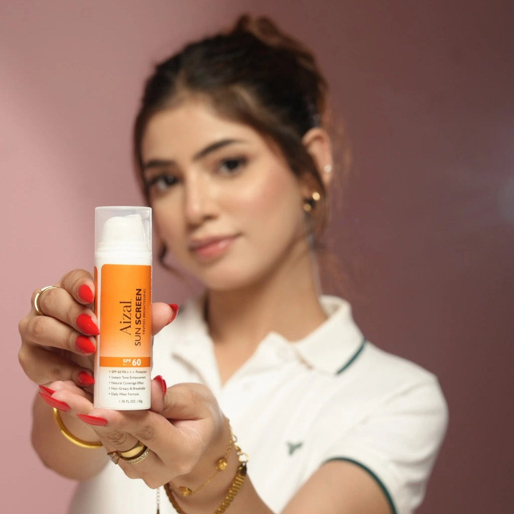 Aizal. Sun Screen SPF 60 tinted brightening sunscreen bottle