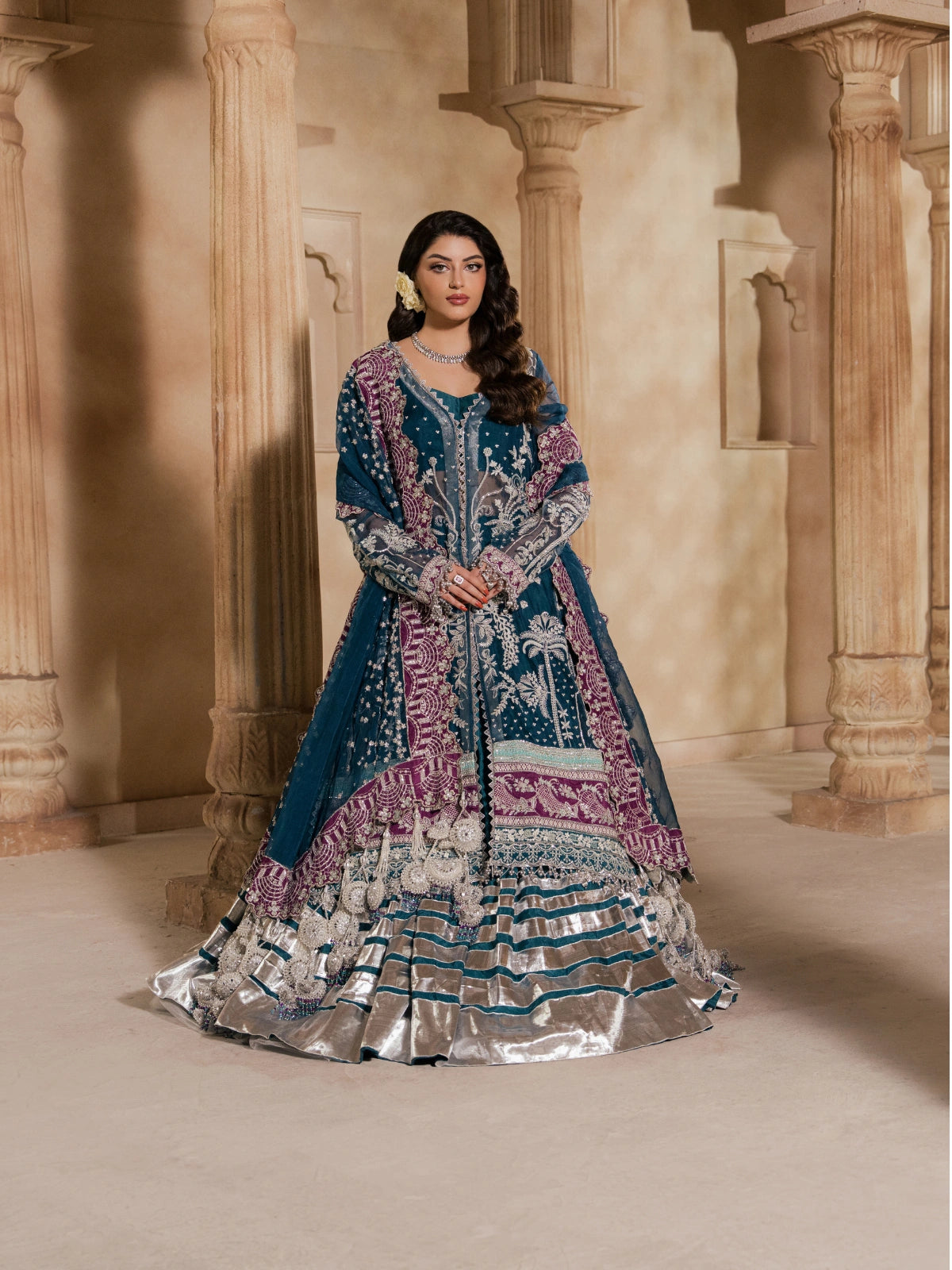 Teal blue embroidered bridal lehenga with plum dupatta