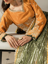 Traditional Pakistani festive maxi outfit with an olive green dupatta and ornate embroidery.
