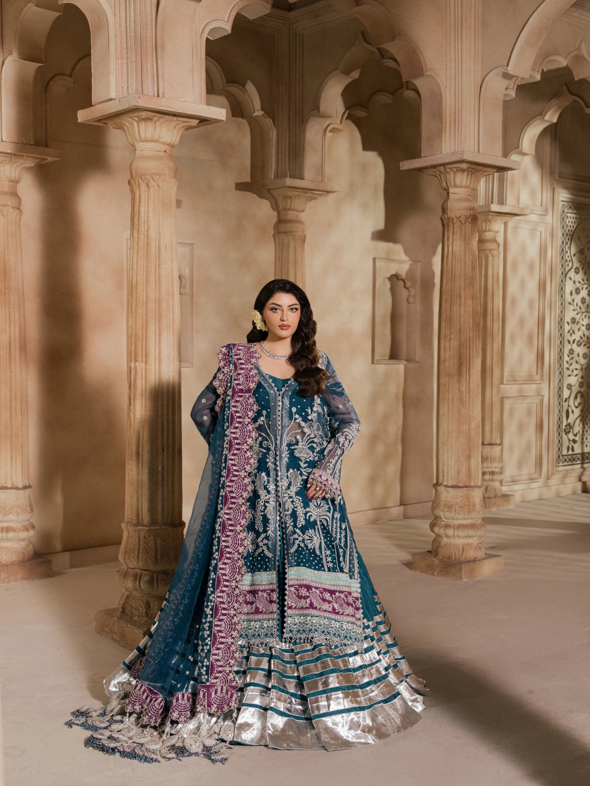 Luxury Pakistani bridal dress with silver embellishments