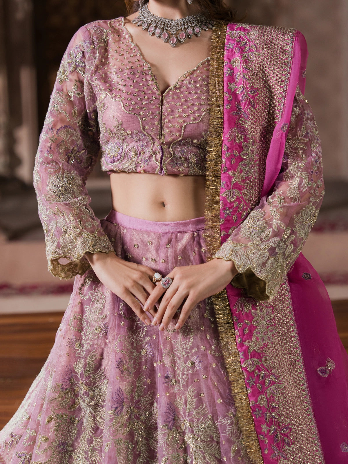 Luxury ethnic wear with detailed embroidery and flared skirt