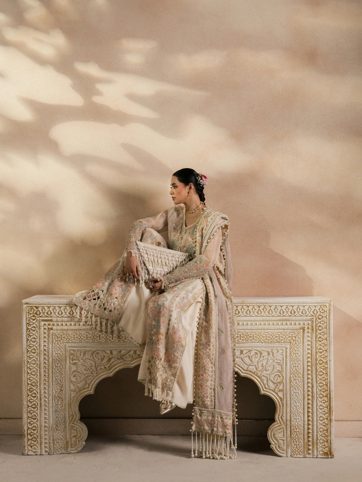 Designer ivory long shirt with pearl embellishments and matching dupatta