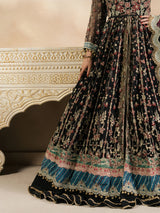 Elegant women’s black festive dress with detailed gold and floral embroidery