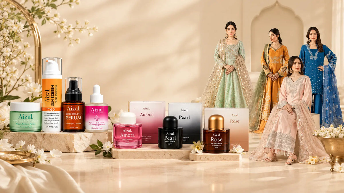 Aizal by Rajab skincare products, women's perfumes and Pakistani formal fashion
