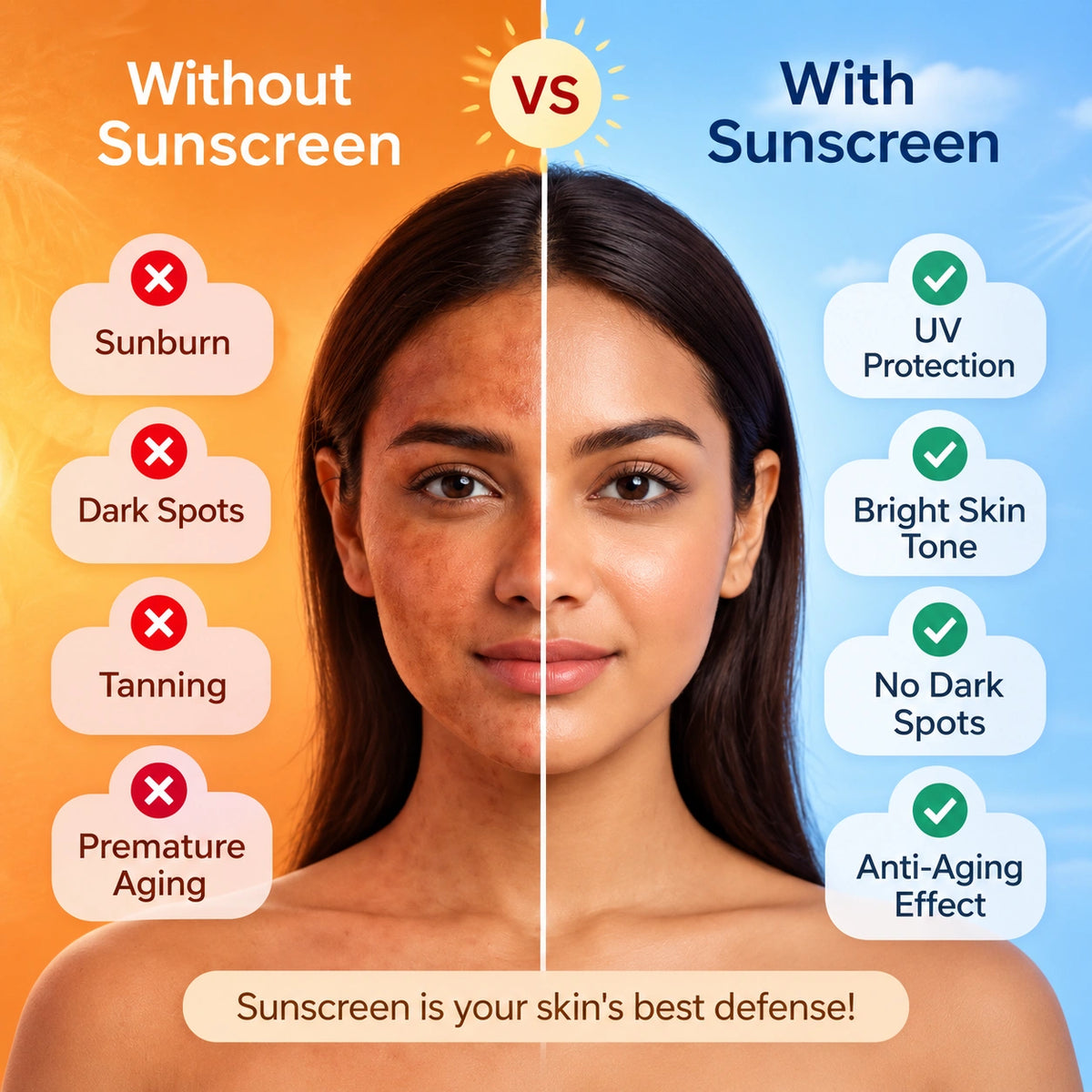 A split comparison graphic showing a woman's face with sunscreen protection versus without. The left side labeled 'Without Sunscreen' has an orange gradient background and lists sunburn, dark spots, tanning, and premature aging with red X marks.