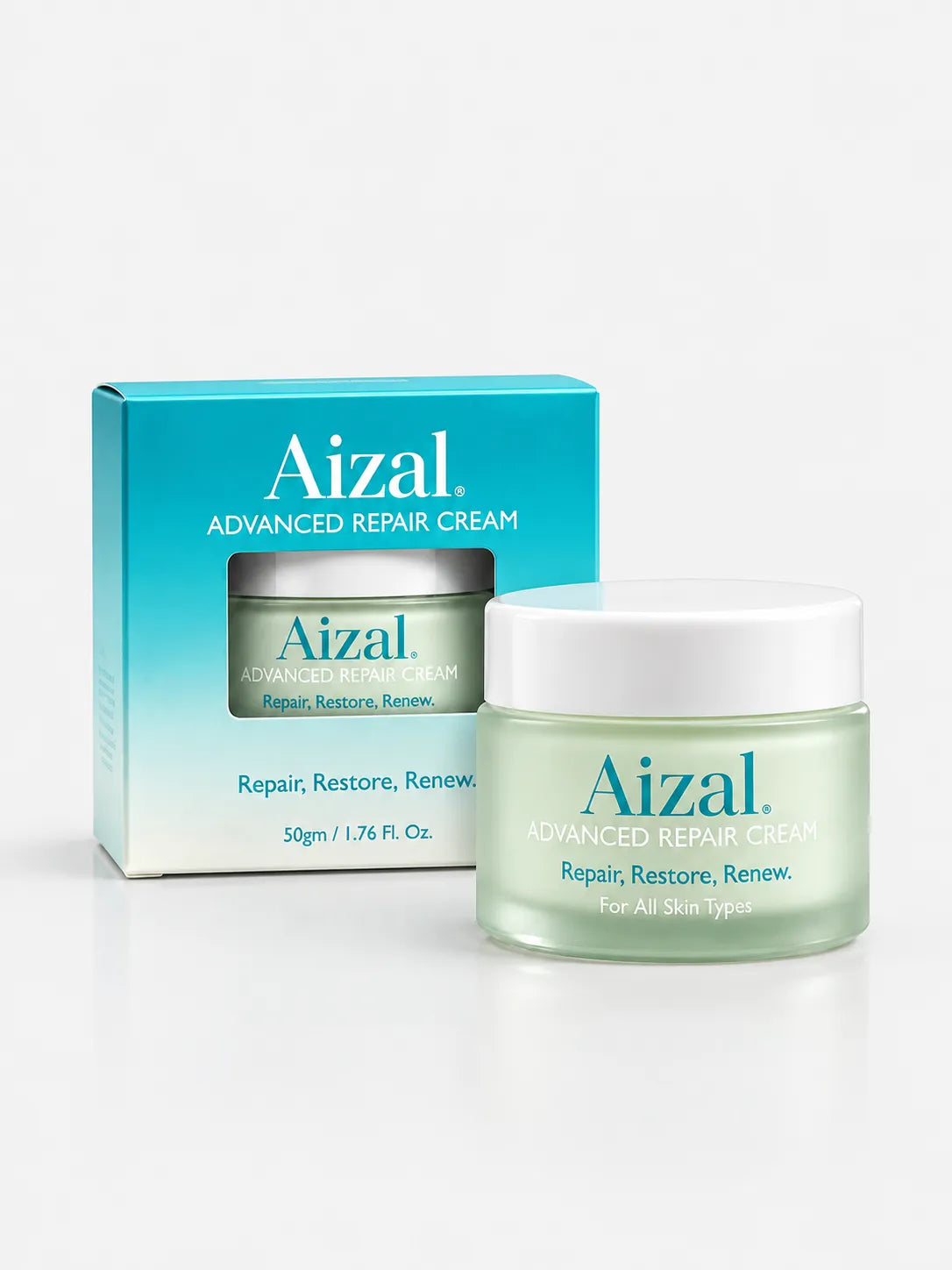 Aizal Advanced Repair Cream with its white lid placed beside the jar.