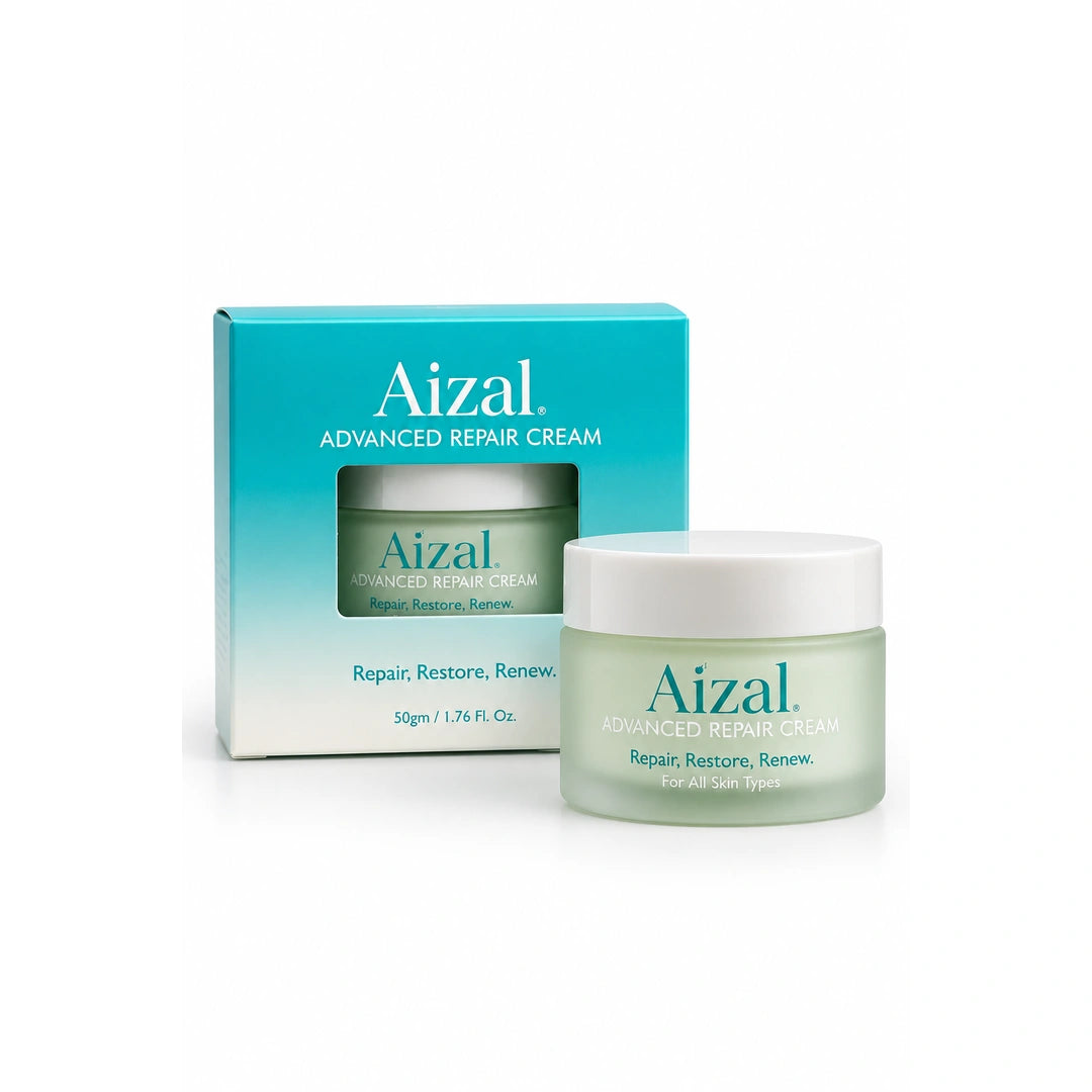 Aizal. Advanced Repair Cream shown with its teal and white product box and a matching pale green cream jar
