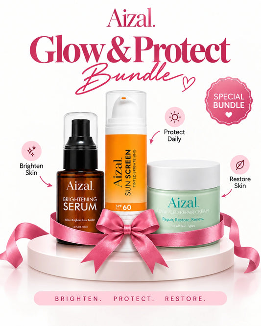 Aizal. Glow & Protect skincare bundle featuring brightening serum, SPF 60 sunscreen and advanced repair cream 