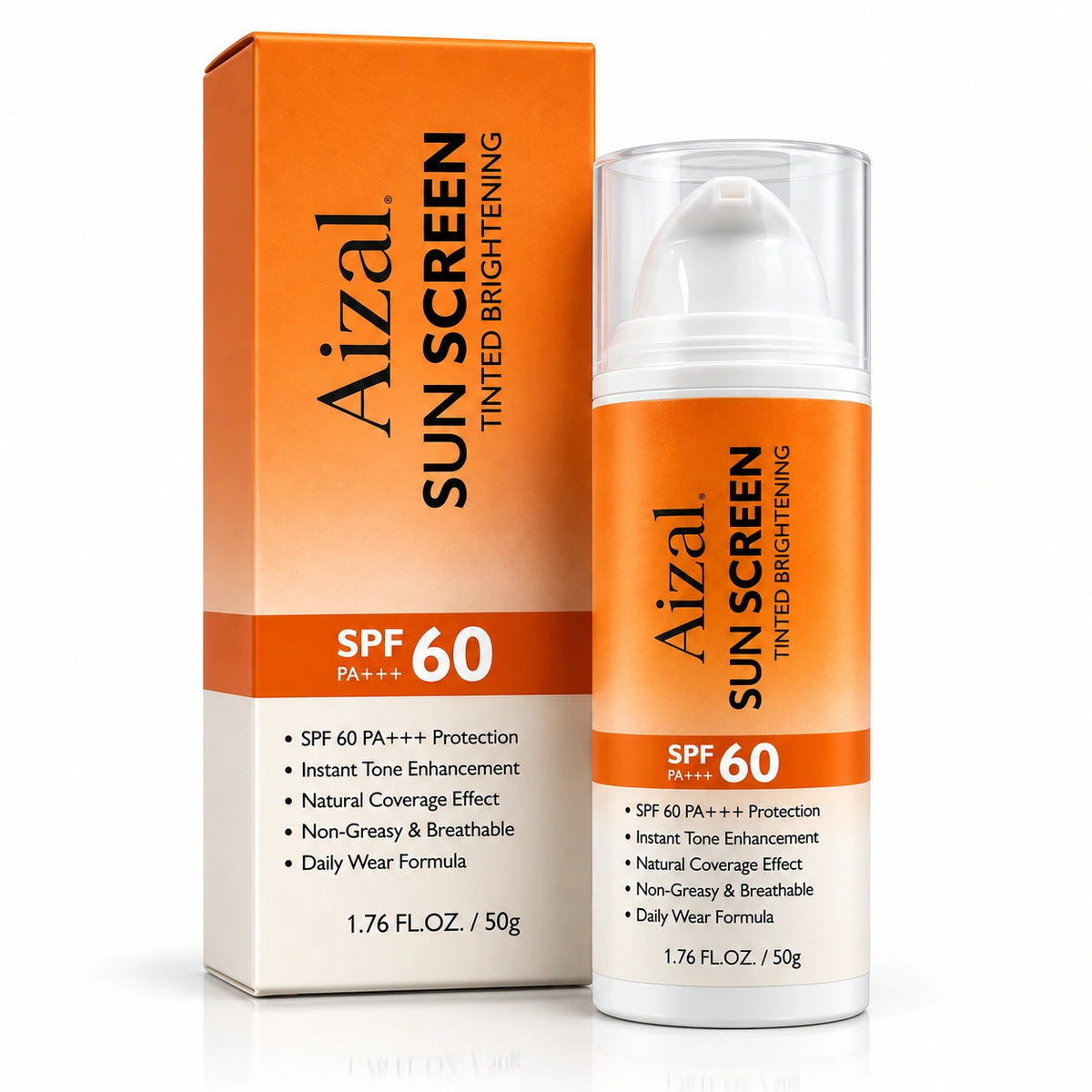 Aizal. Sun Screen SPF 60 tinted brightening sunscreen shown with its orange and beige retail box and a clear pump bottle on a white background.
