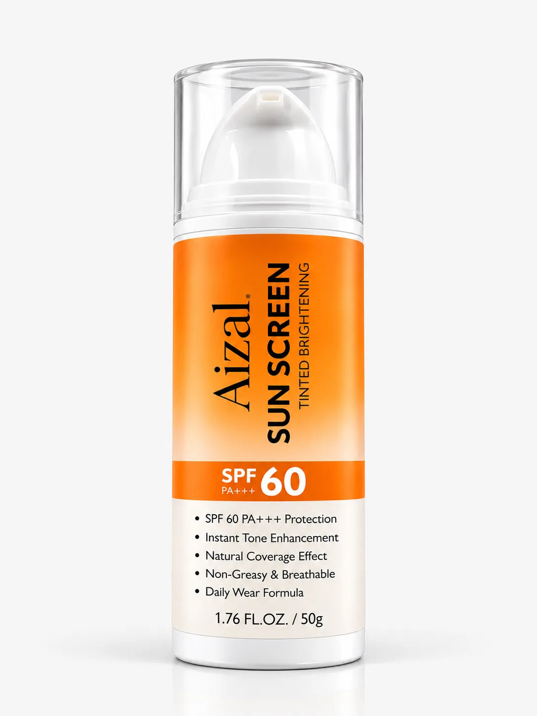 Aizal Tinted Brightening Sun Screen SPF 60 PA+++ in a 50g orange and white pump bottle.