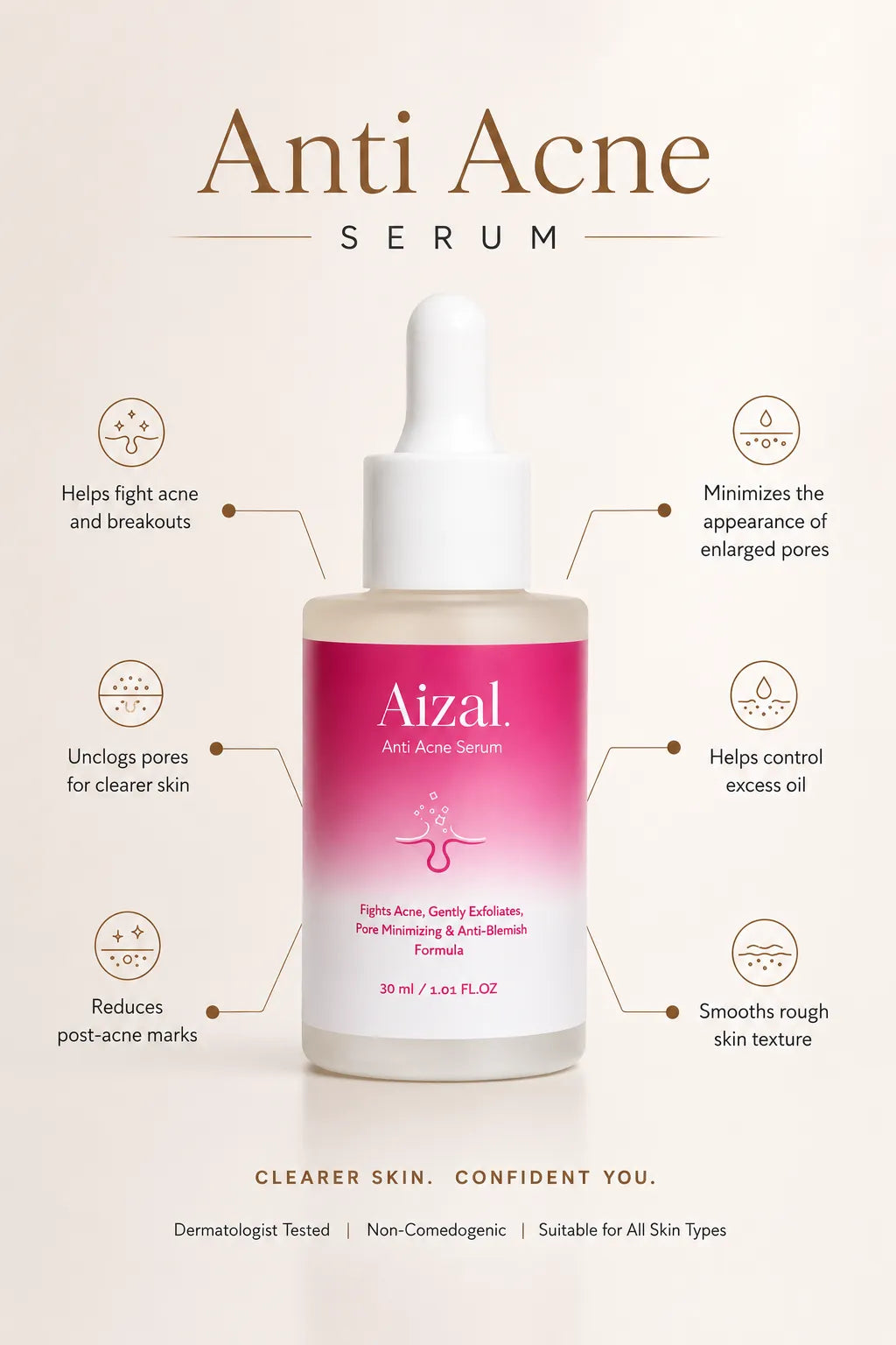 A bottle of Aizal Anti Acne Serum centered 
