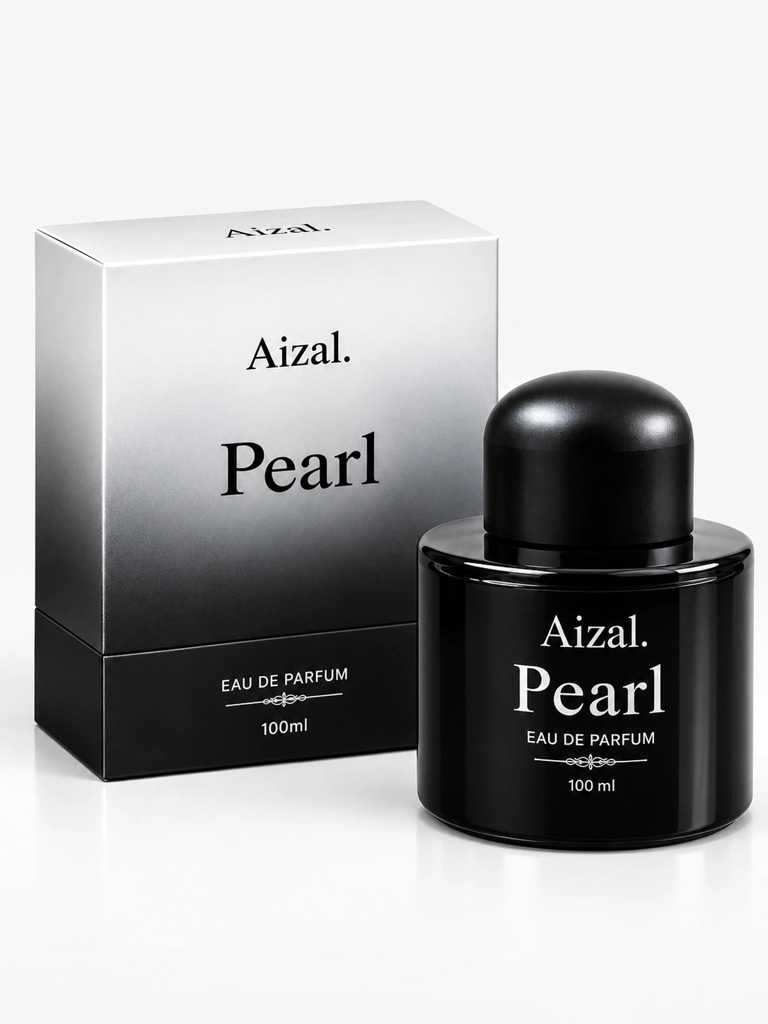 Aizal Pearl perfume for women, featuring a sleek black bottle and elegant white lettering.
