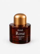 Aizal Rose Eau de Parfum 100ml amber perfume bottle with a gold cap on a light grey background.