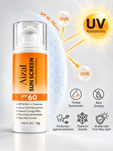 Orange and white Aizal Tinted Brightening Sunscreen bottle displayed on a light background.