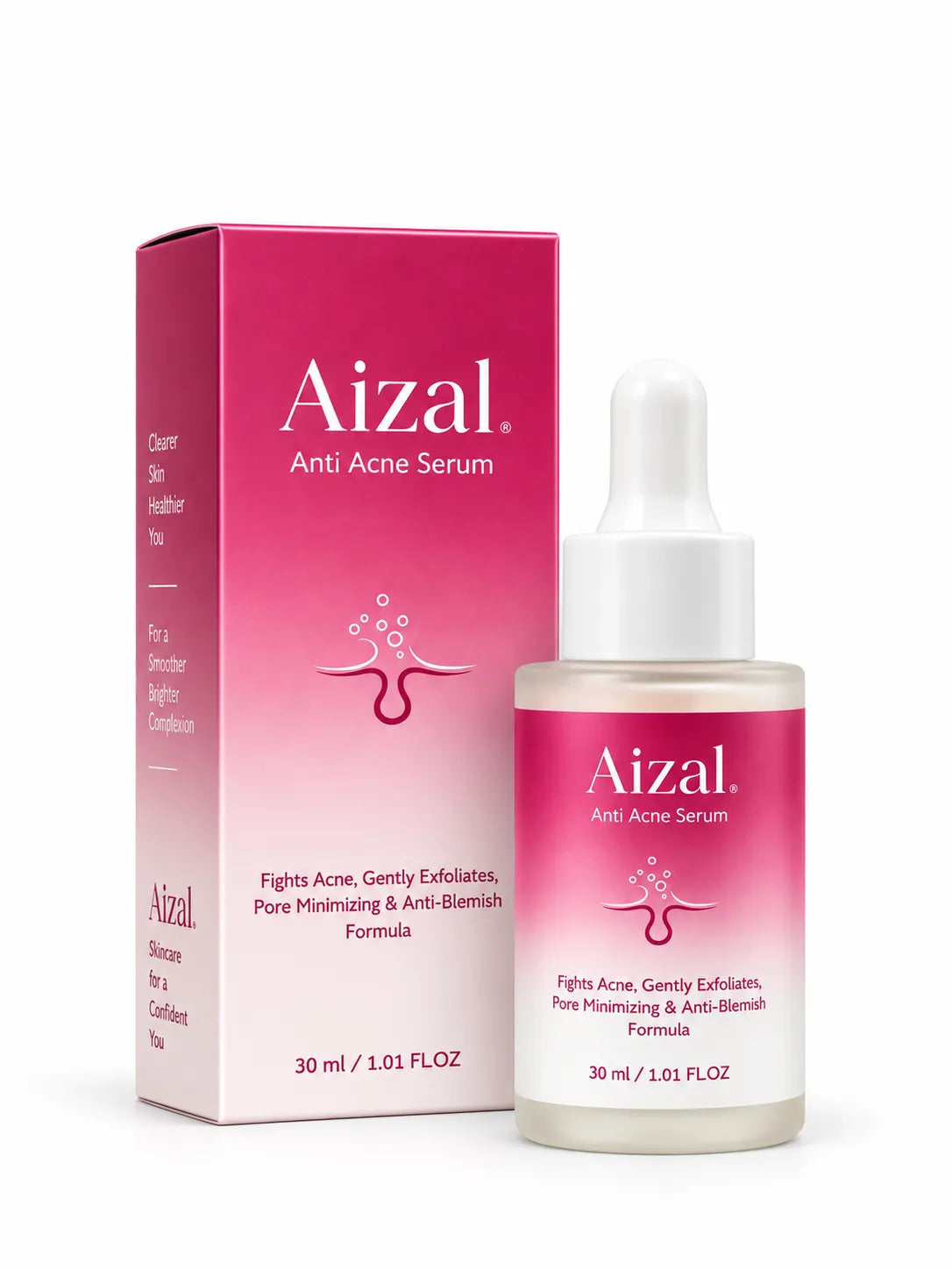 Aizal acne serum with dropper applicator on a clean white background.