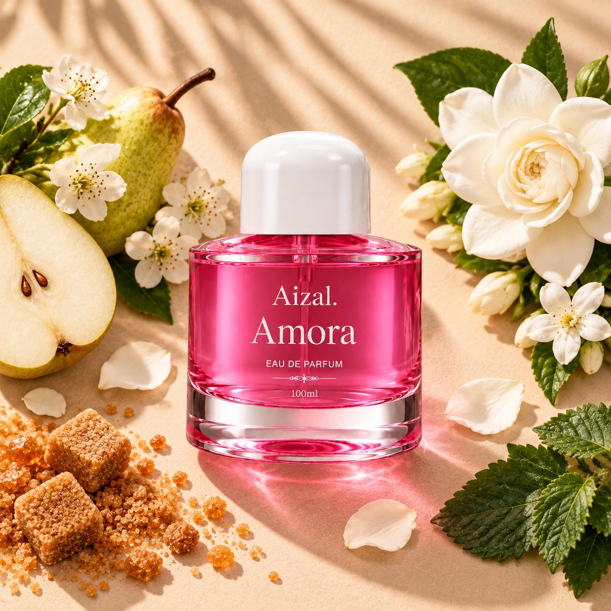 Amora Eau De Parfum with vibrant pink liquid and a white cap, styled on a beige surface with white flowers, a pear, mint leaves, and brown sugar cubes.
