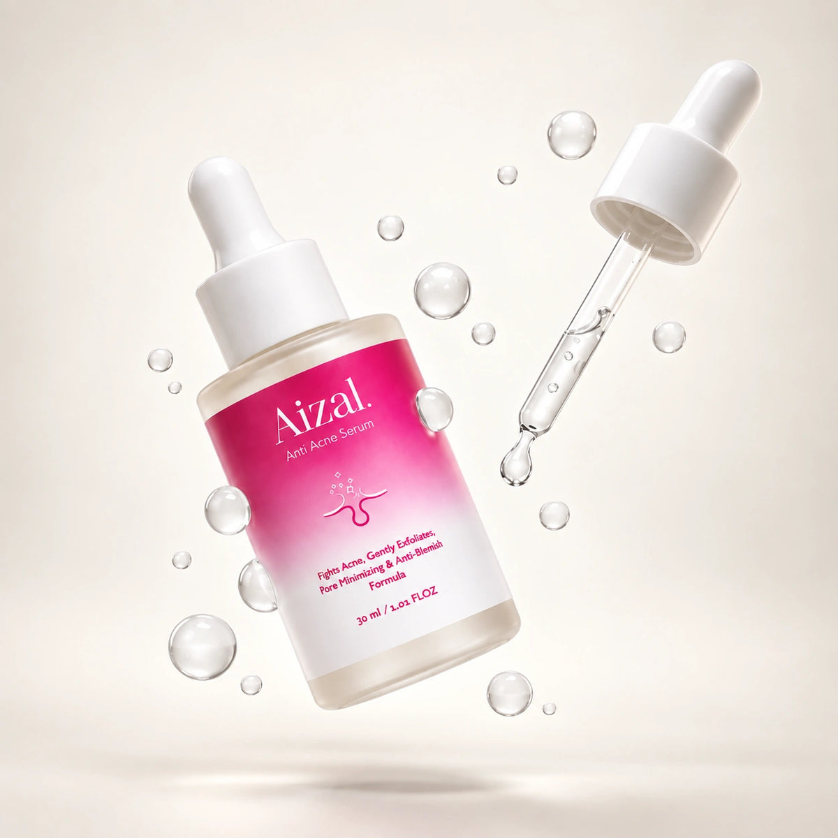 Anti-Acne Serum in a 30 ml dropper bottle, shown floating with its dropper cap detached and a glass dropper holding clear liquid, surrounded by floating water droplets on a light beige background.