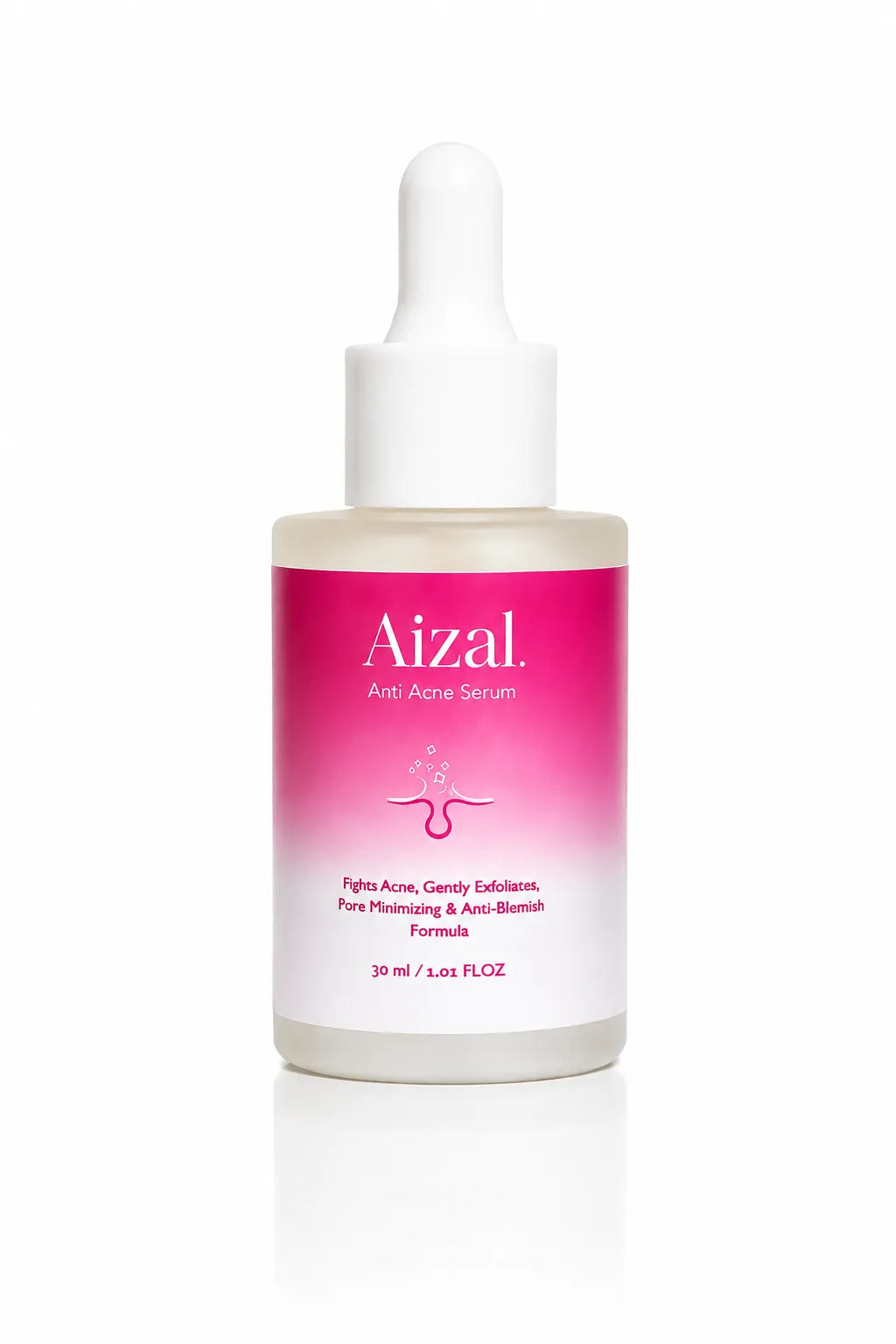 Aizal Anti Acne Serum in a 30 ml glass dropper bottle with a white cap and a pink-to-white gradient label.
