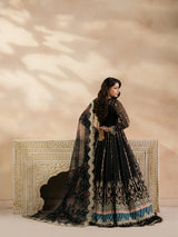 Black formal lehenga with teal blue hem and embellished dupatta